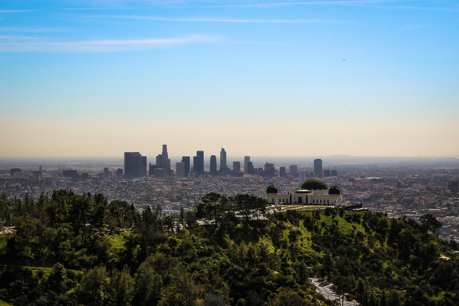 Los Angeles skyline beneath a pale blue sky
